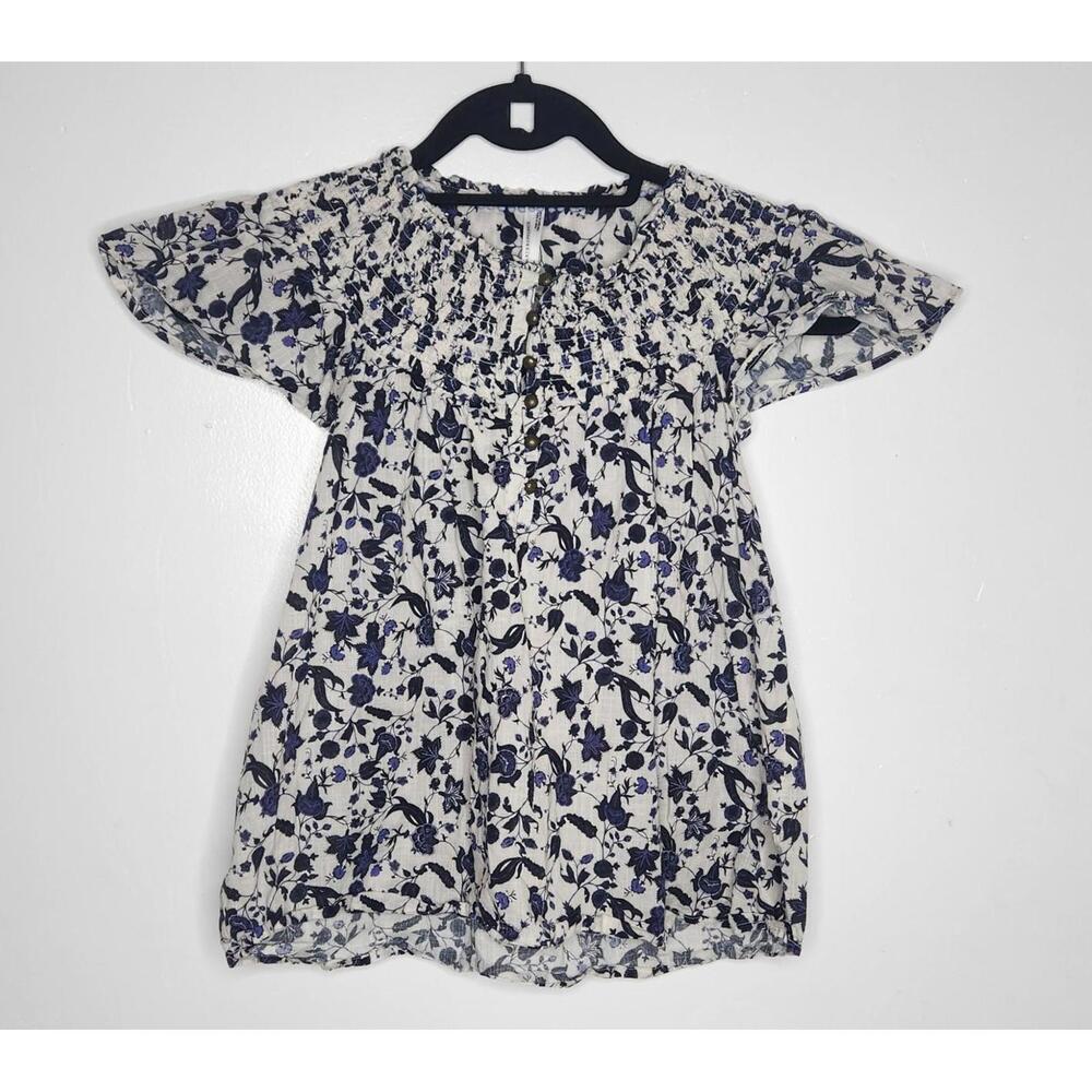 Anthropologie Shirt Womens Small White Blue Purple Floral Smocked Peasant Boho
